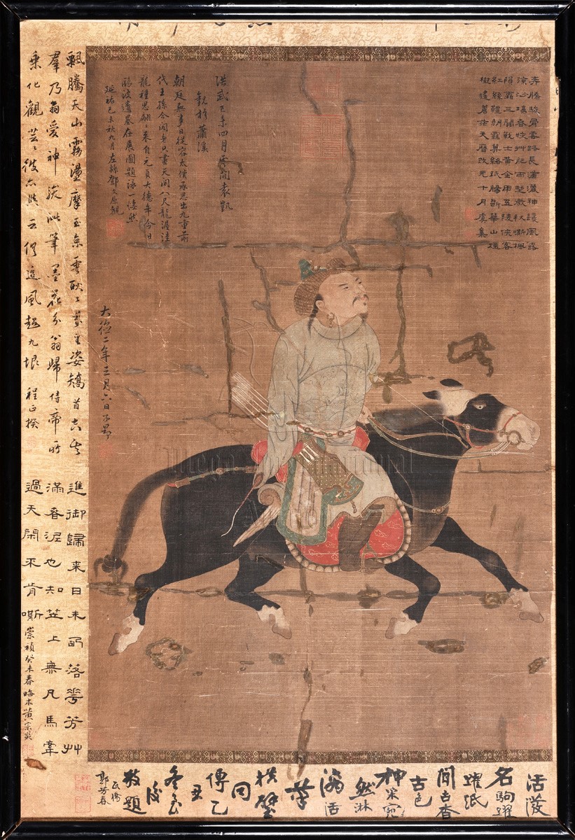 framed ink and color on silk'hunter painting 赵孟頫 元人狩猎图