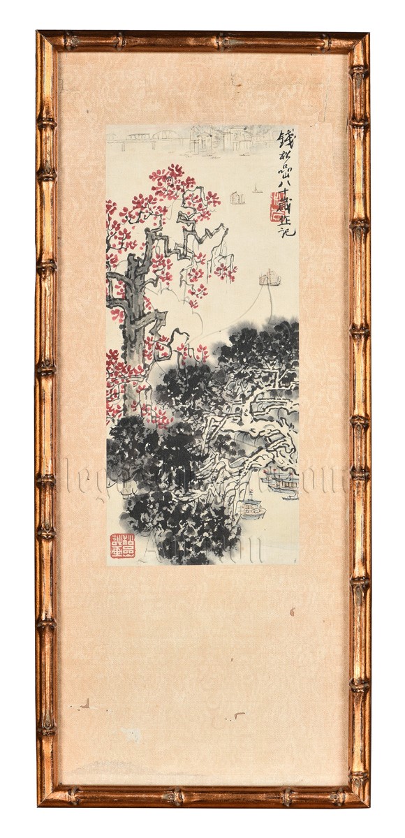 and color on paper painting landscape scenery 钱松岩 水乡红叶